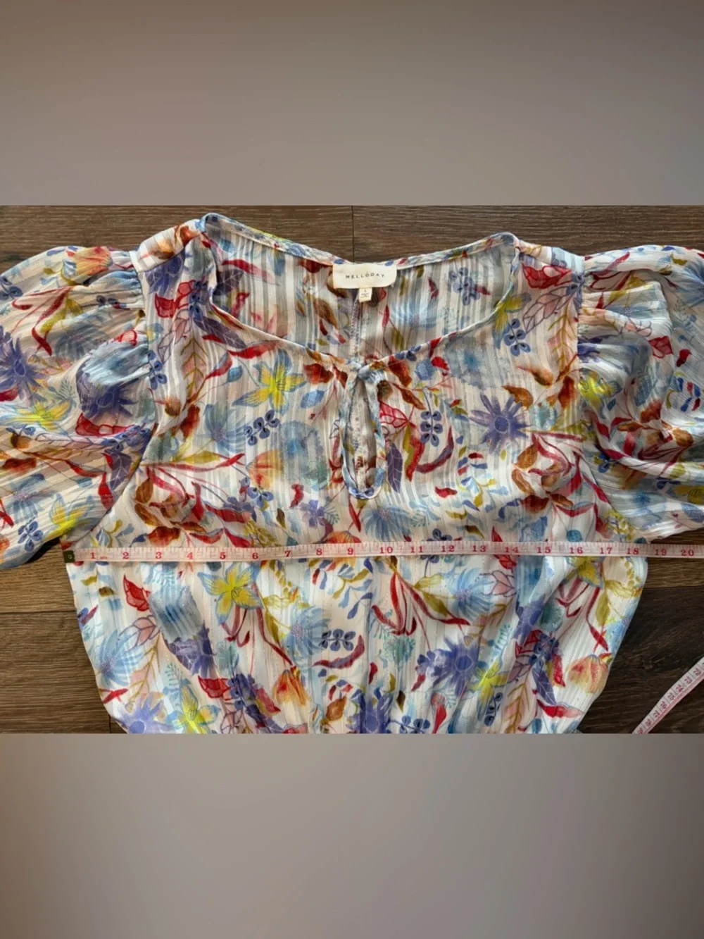 Melloday Floral Print Tiered Ruffle Mini Dress Smocked Waist Shimmer Large - Picture 10 of 10
